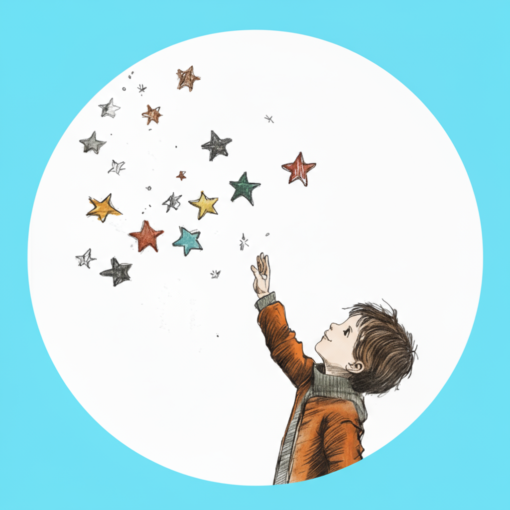 Child reaching up toward colorful stars representing learning achievement and potential